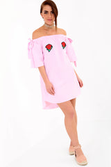 Rose Embroidered Striped Bardot Dress