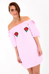 Rose Embroidered Striped Bardot Dress