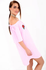 Rose Embroidered Striped Bardot Dress