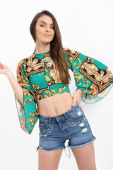 Patterned Print Bell Sleeve Tie Knot Crop Top