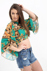 Patterned Print Bell Sleeve Tie Knot Crop Top