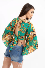 Patterned Print Bell Sleeve Tie Knot Crop Top