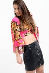 Patterned Print Bell Sleeve Tie Knot Crop Top