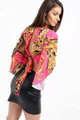 Patterned Print Bell Sleeve Tie Knot Crop Top