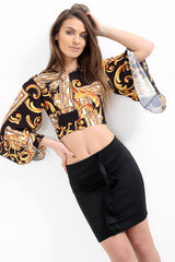Patterned Print Bell Sleeve Tie Knot Crop Top