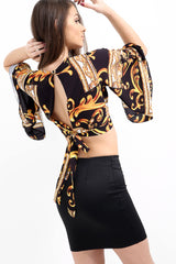 Patterned Print Bell Sleeve Tie Knot Crop Top