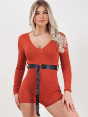 Ribbed Cycling Playsuit With Belt
