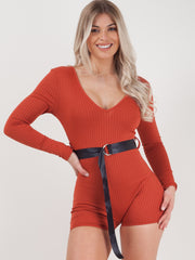 Ribbed Cycling Playsuit With Belt