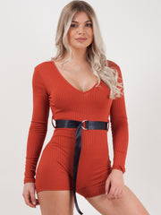 Ribbed Cycling Playsuit With Belt