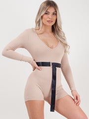 Ribbed Cycling Playsuit With Belt