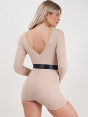 Ribbed Cycling Playsuit With Belt