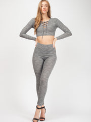 Lace Up Ribbed Crop Top & Trouser Co-ord