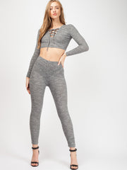 Lace Up Ribbed Crop Top & Trouser Co-ord