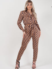 Geometric Print Tie Waist Shirt Jumpuit