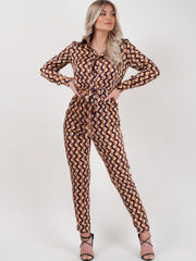 Geometric Print Tie Waist Shirt Jumpuit