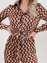 Geometric Print Tie Waist Shirt Jumpuit
