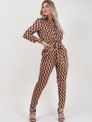 Geometric Print Tie Waist Shirt Jumpuit
