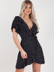 Wrap Front Polka Dot Tie Knot Frill Dress