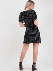 Wrap Front Polka Dot Tie Knot Frill Dress
