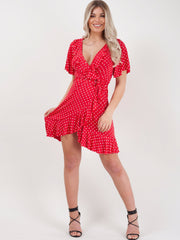 Wrap Front Polka Dot Tie Knot Frill Dress