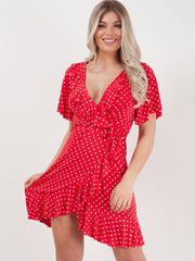 Wrap Front Polka Dot Tie Knot Frill Dress