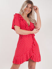 Wrap Front Polka Dot Tie Knot Frill Dress