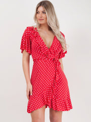 Wrap Front Polka Dot Tie Knot Frill Dress