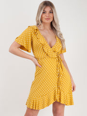 Wrap Front Polka Dot Tie Knot Frill Dress
