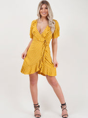 Wrap Front Polka Dot Tie Knot Frill Dress