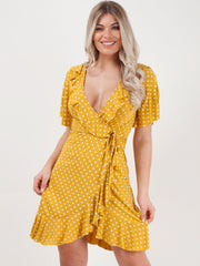 Wrap Front Polka Dot Tie Knot Frill Dress