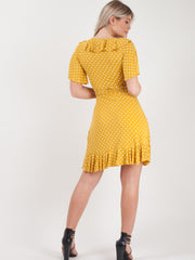 Wrap Front Polka Dot Tie Knot Frill Dress