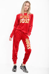 Girl Boss Slogan Velvet Tracksuit Loungewear