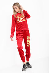 Girl Boss Slogan Velvet Tracksuit Loungewear