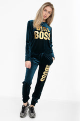 Girl Boss Slogan Velvet Tracksuit Loungewear