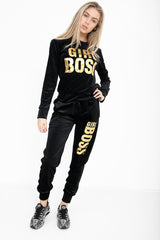 Girl Boss Slogan Velvet Tracksuit Loungewear