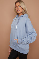 Ribbon Drawstring Ruched Sleeves Fleeced Hoodie