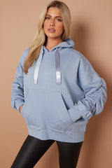 Ribbon Drawstring Ruched Sleeves Fleeced Hoodie