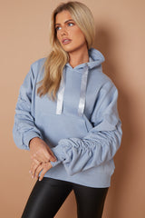 Ribbon Drawstring Ruched Sleeves Fleeced Hoodie