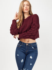 Bobble Sleeve Cropped Knitted Jumper