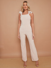 Ruches riemen slinky top- en breedbeen broekcoördin