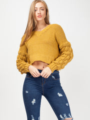 Bobble Sleeve Cropped Knitted Jumper
