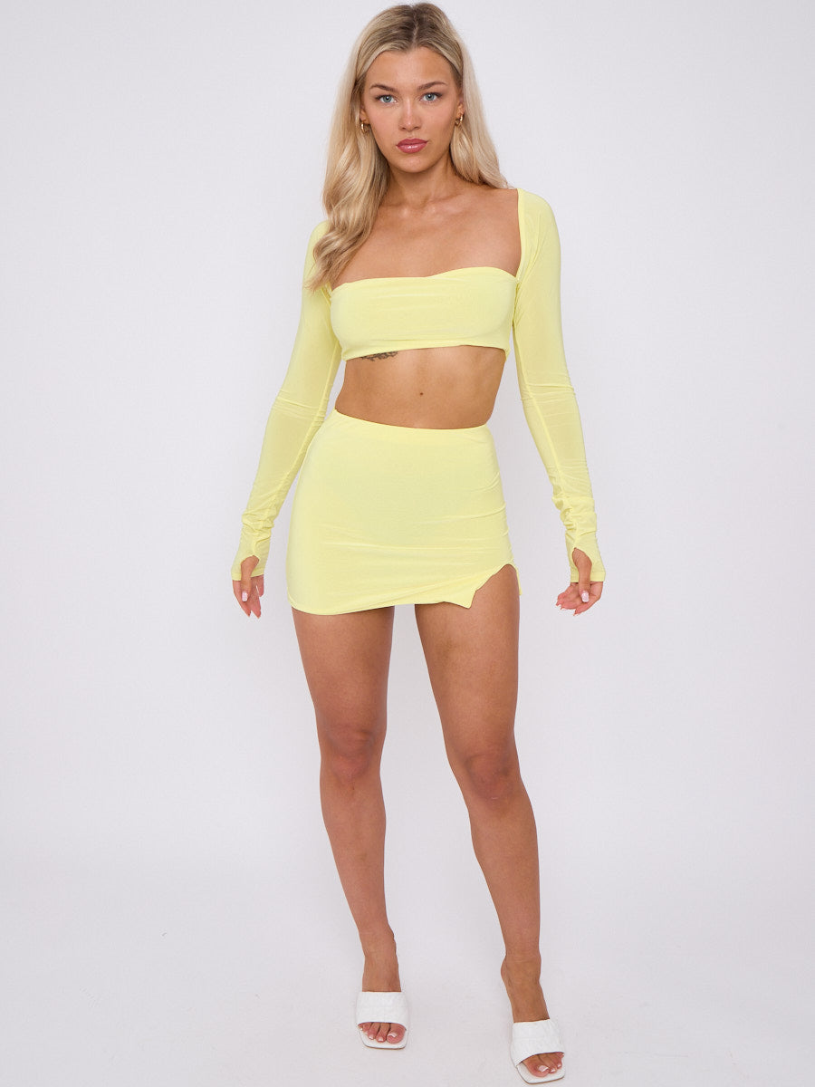 Wholesale Slinky Long Sleeves Crop Top Slit Mini Skirt Co-ord