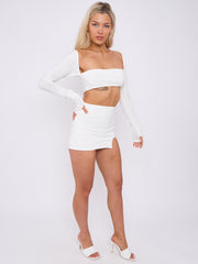 Slinky Long Sleeves Crop Top & Slit Mini Skirt Co-ord