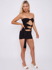 Cut Out Knot Front Bandeau Bodysuit & Mini Skirt Co-ord