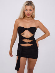 Cut Out Knot Front Bandeau Bodysuit & Mini Skirt Co-ord