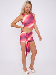 Tie-Dye Print Ruched Crop Top & Sash Skirt Co-ord