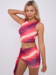 Tie-Dye Print Ruched Crop Top & Sash Skirt Co-ord