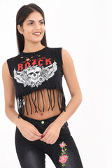 Laser Cut Tasselled Rock Skull Crop Top