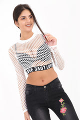 Love Print Fishnet Crop Top
