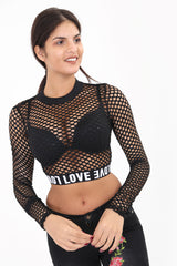 Love Print Fishnet Crop Top